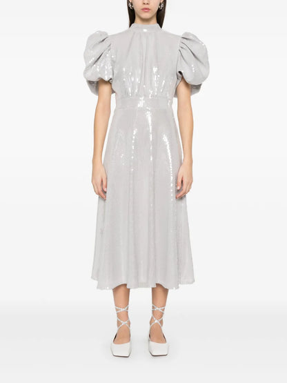 Sequined Puff-Sleeve Midi Dress