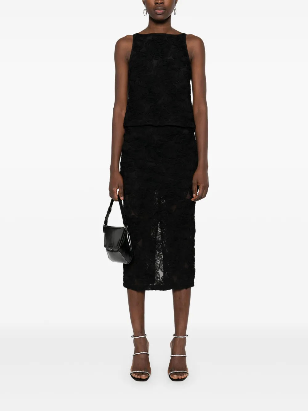 Flower-Mesh Midi Skirt