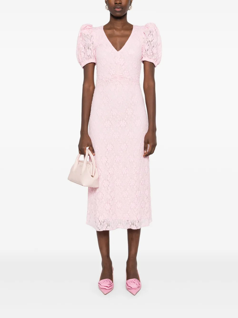 Lace Puff-Sleeve Midi Dress