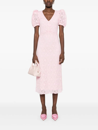 Lace Puff-Sleeve Midi Dress