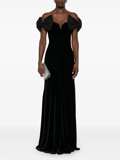 Bow-Detail Velvet Maxi Dress