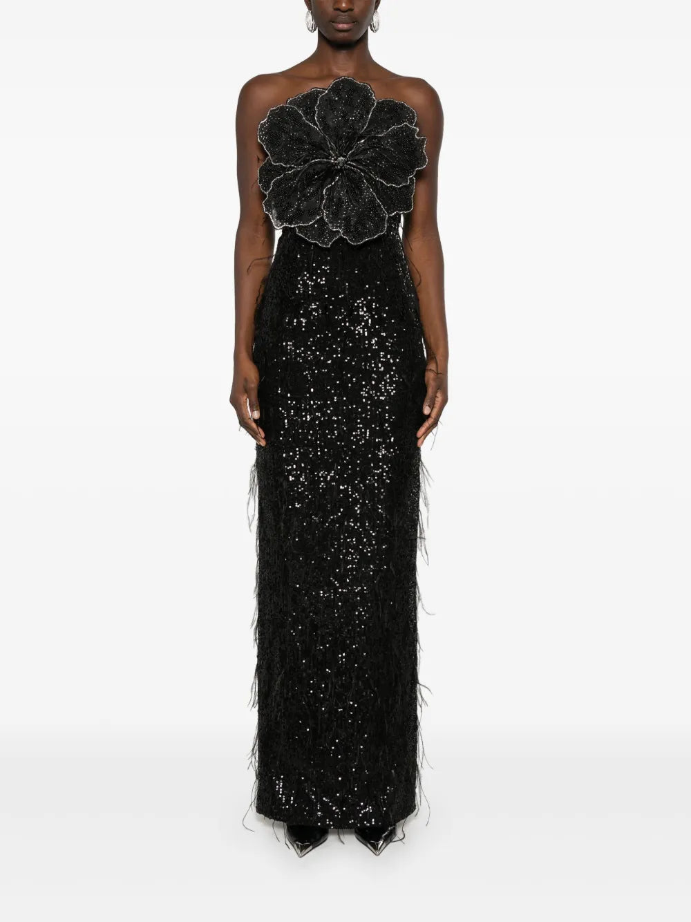Floral-Appliqué Sequined Maxi Dress