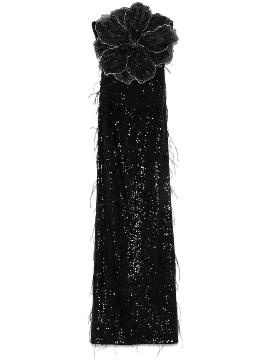 Floral-Appliqué Sequined Maxi Dress