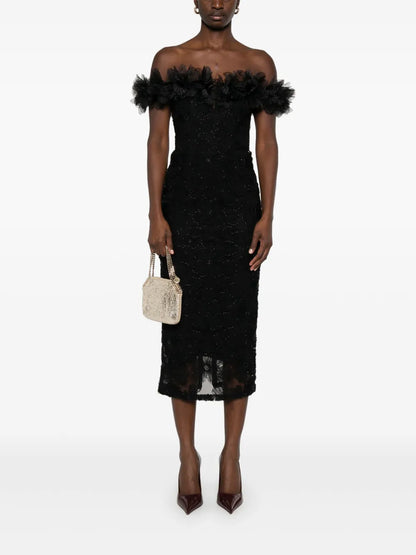 Floral-Detail Lace Midi Dress