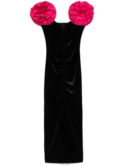 Floral-Appliqué Velvet Midi Dress