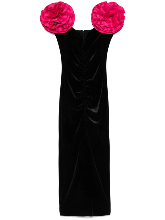 Floral-Appliqué Velvet Midi Dress