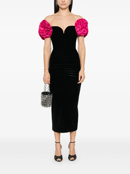 Floral-Appliqué Velvet Midi Dress