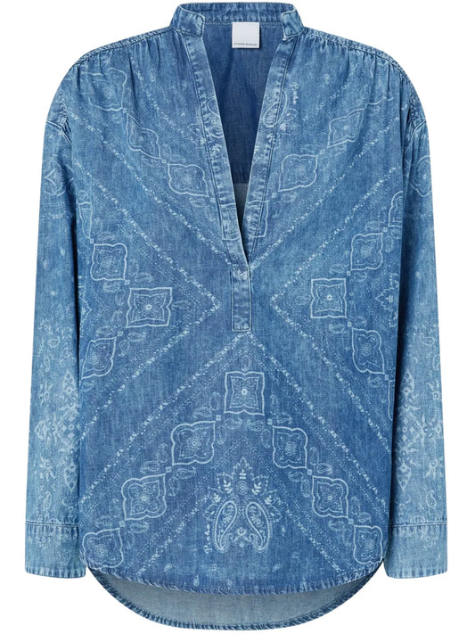 Bandana-Print Denim Blouse