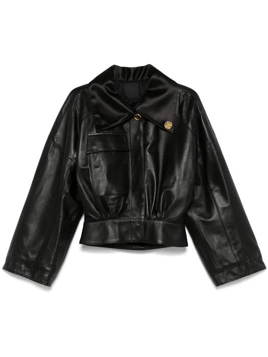 Adjustable-Collar Leather Jacket