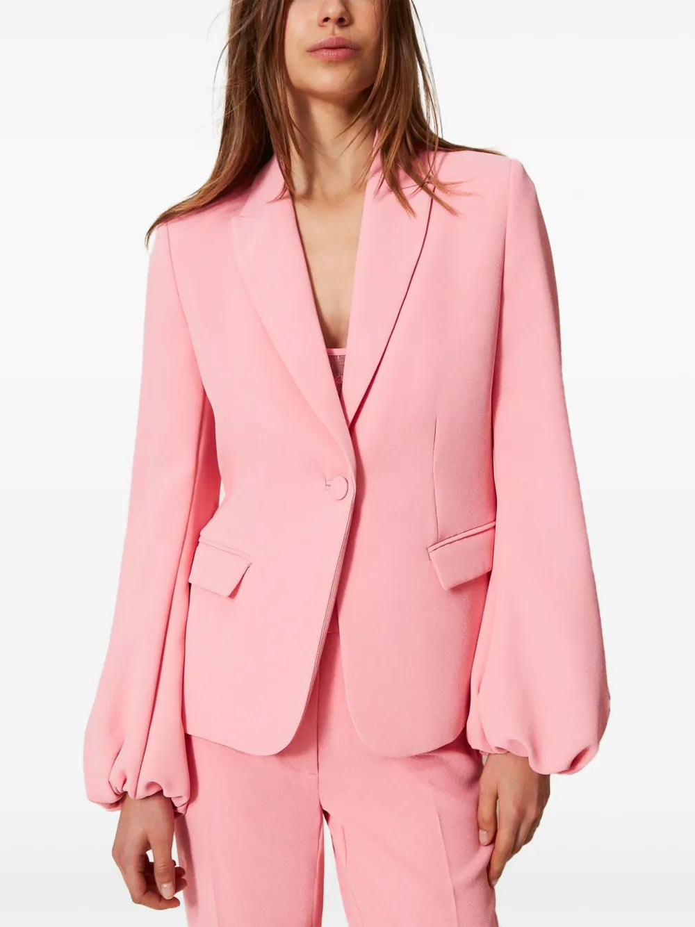 Gathered-Sleeves Crepe Blazer