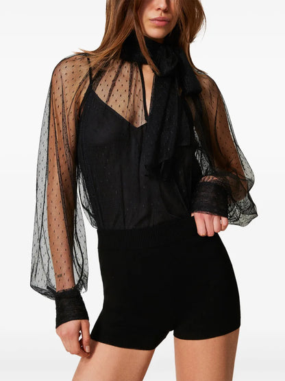 Sash-Collar Tulle Blouse