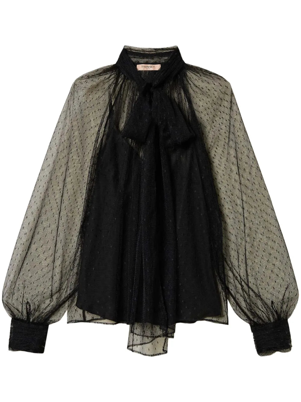 Sash-Collar Tulle Blouse