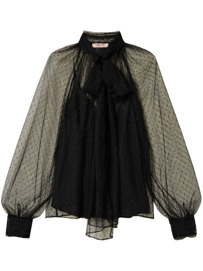 Sash-Collar Tulle Blouse