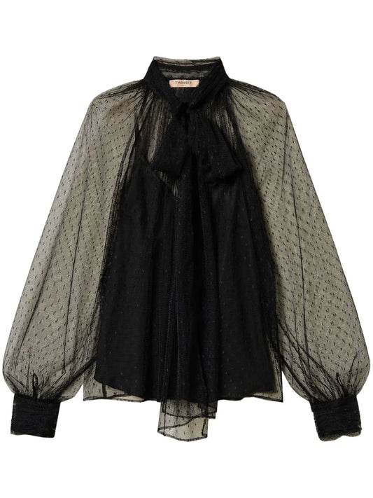 Sash-Collar Tulle Blouse
