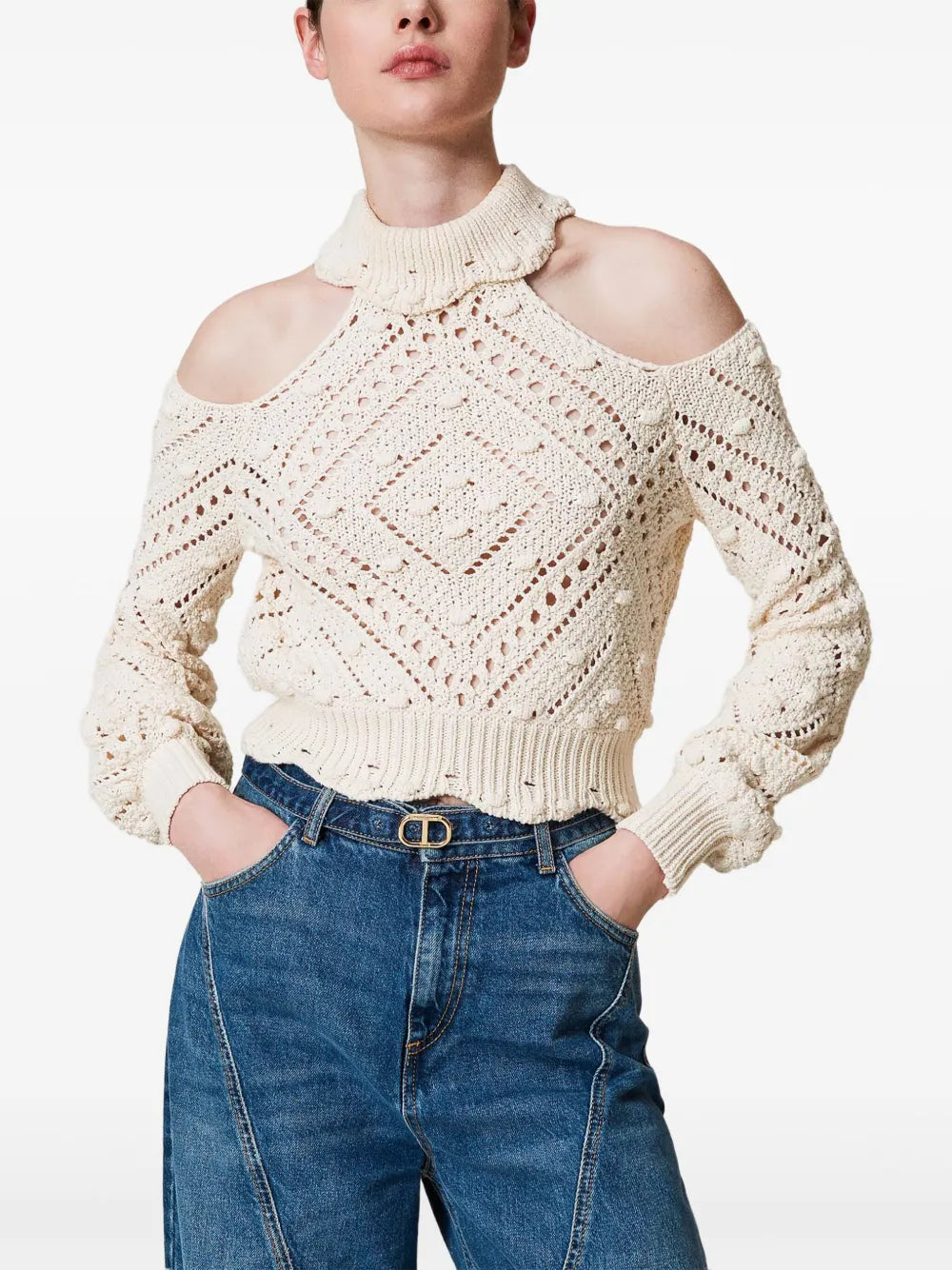 Openwork-Knit Cropped Sweater