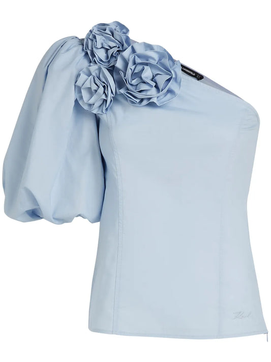 Floral-Appliqué One-Shoulder Blouse
