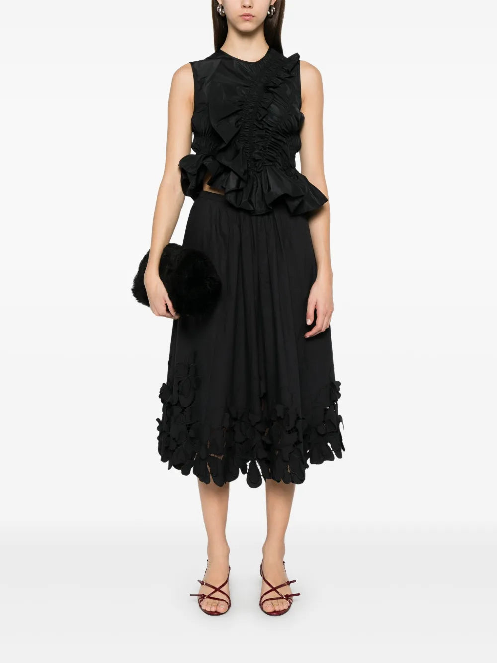 Floral-Appliqué Midi Skirt