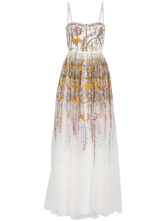 Marigold Bouquets-Embroidery Tulle Dress