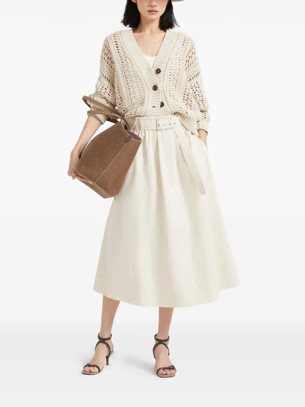 Belted Gabardine Midi Skirt