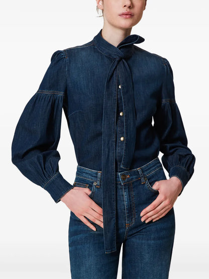 Pussy-Bow Denim Shirt