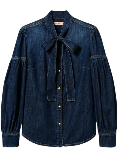 Pussy-Bow Denim Shirt