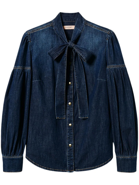 Pussy-Bow Denim Shirt