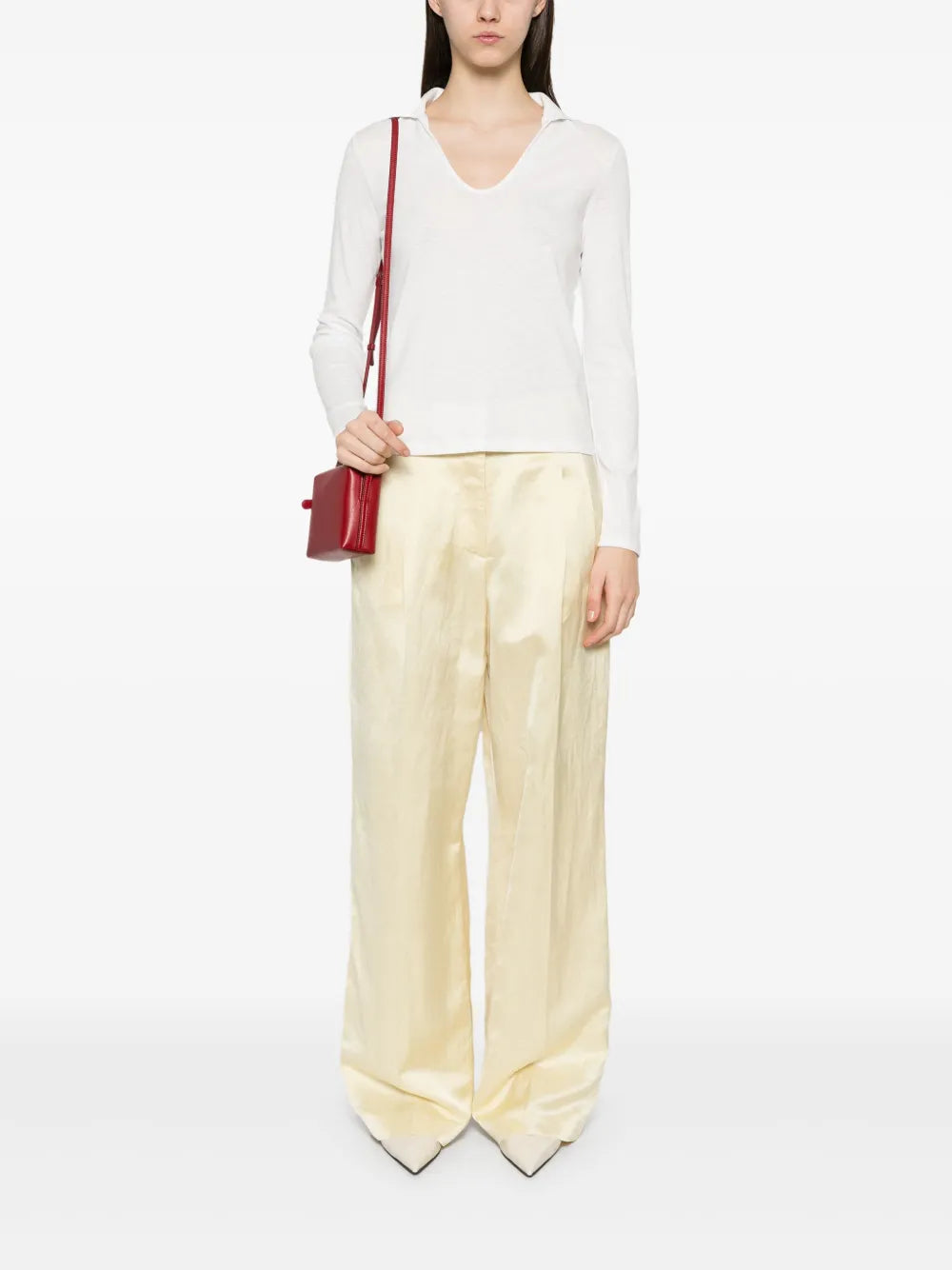 Open-Neck Long-Sleeve Polo Top