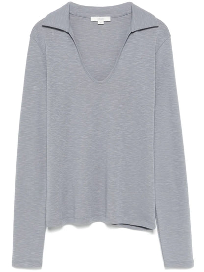 Open-Neck Long-Sleeve Polo Top