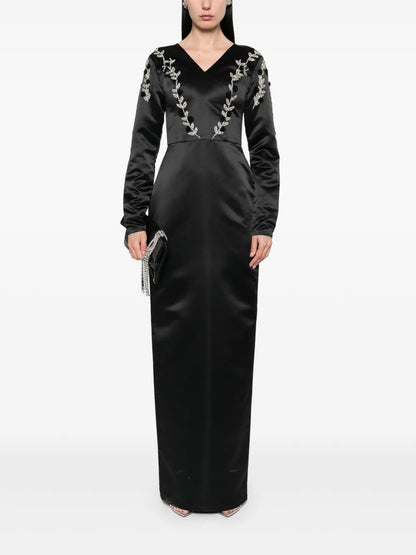 Embroidered-Detail Satin Gown