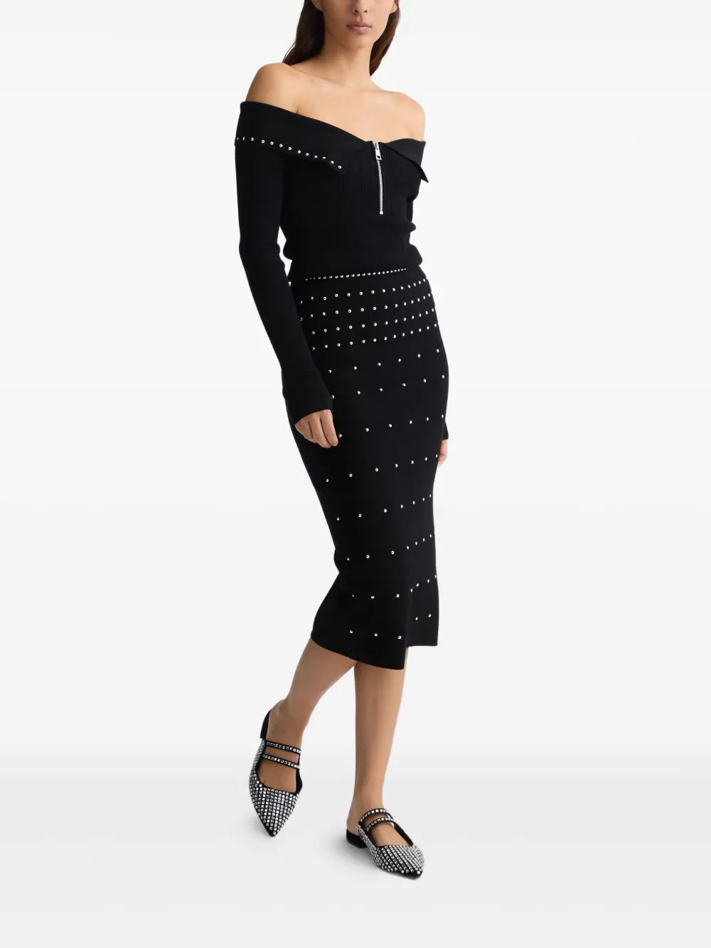 Stud-Embellished Midi Skirt