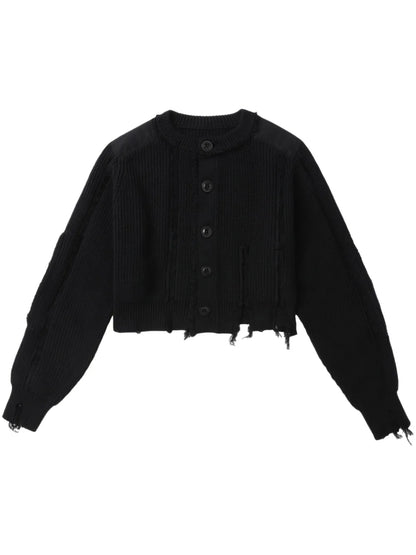 Crew-Neck Distressed Cardigan