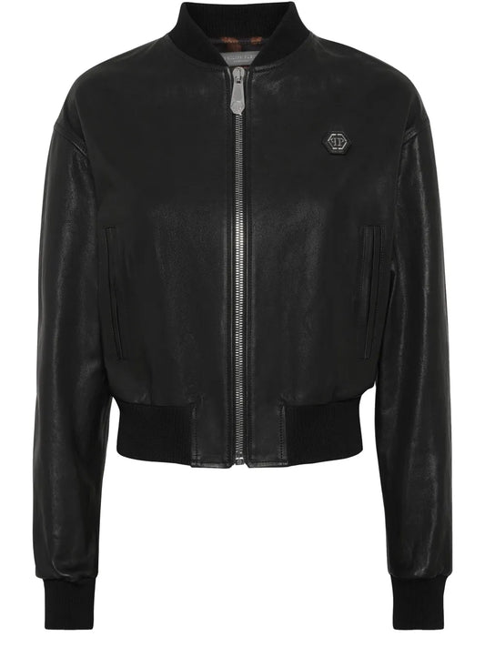 Cropped Leather Bomber Jacket