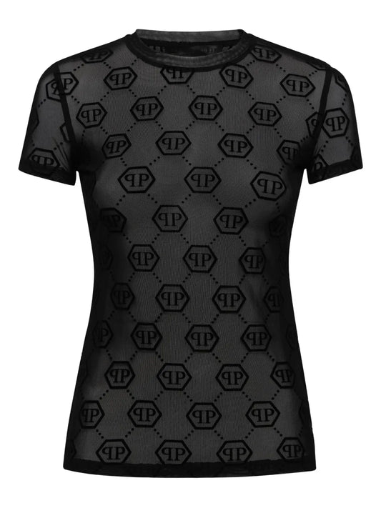 Monogram-Pattern Tulle T-Shirt