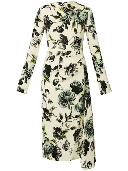 Draped Long-Sleeve Midi Dress