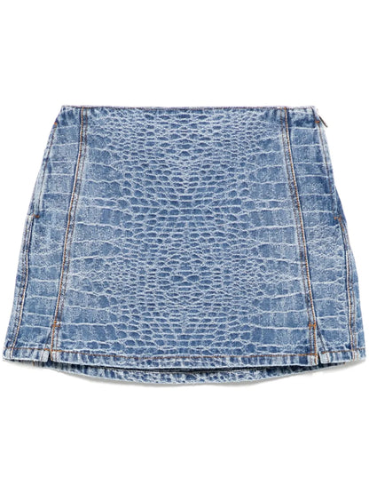 Crocodile-Print Denim Mini Skirt