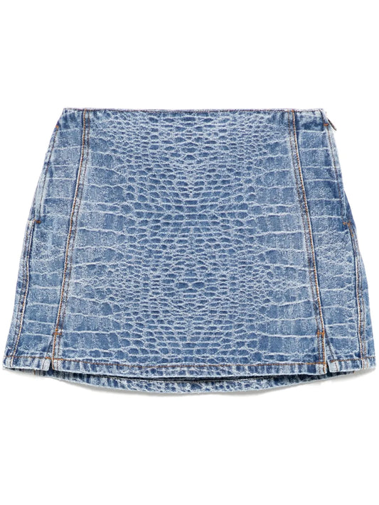 Crocodile-Print Denim Mini Skirt