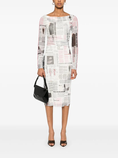 News Paper-Print Midi Dress