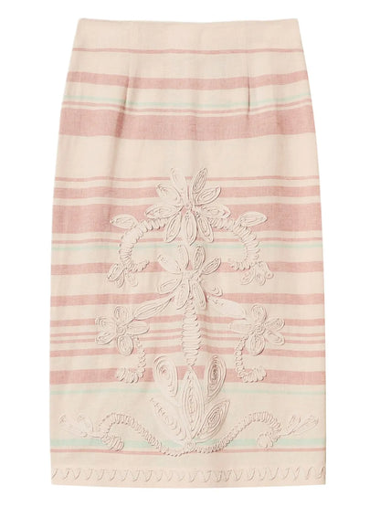 Embroidered Striped Pencil Skirt