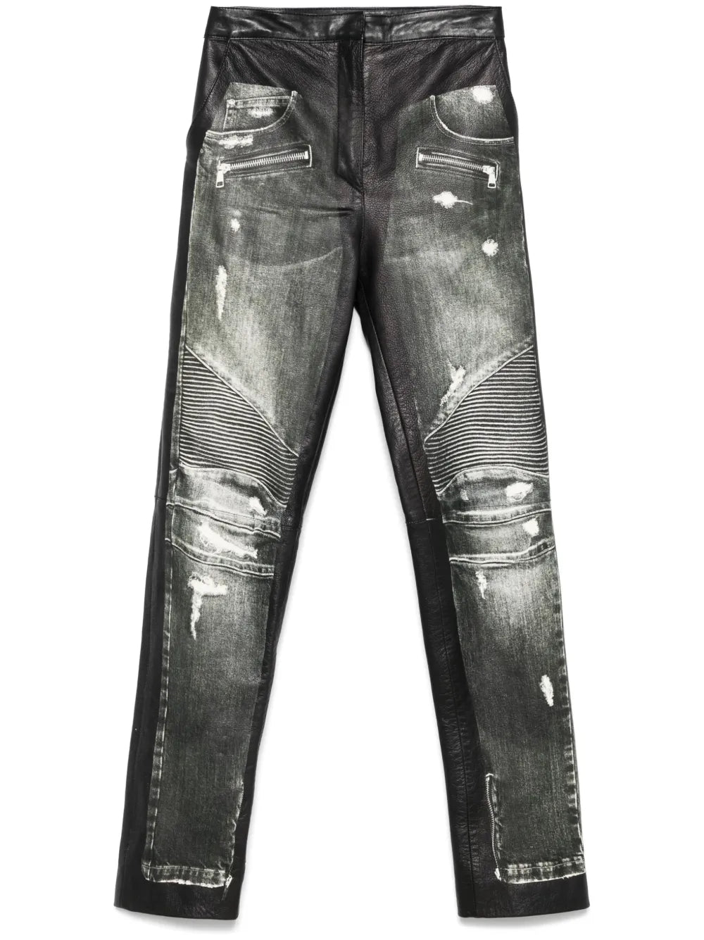 Denim-Print Leather Trousers
