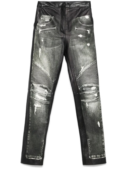 Denim-Print Leather Trousers