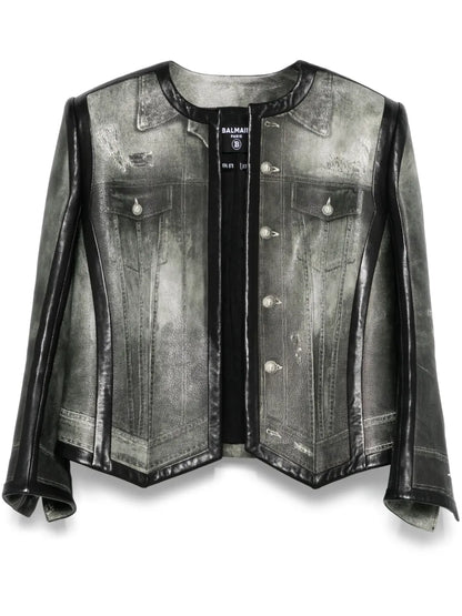Denim-Print Leather Jacket