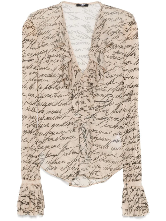 Love Letter-Print Ruffled Blouse