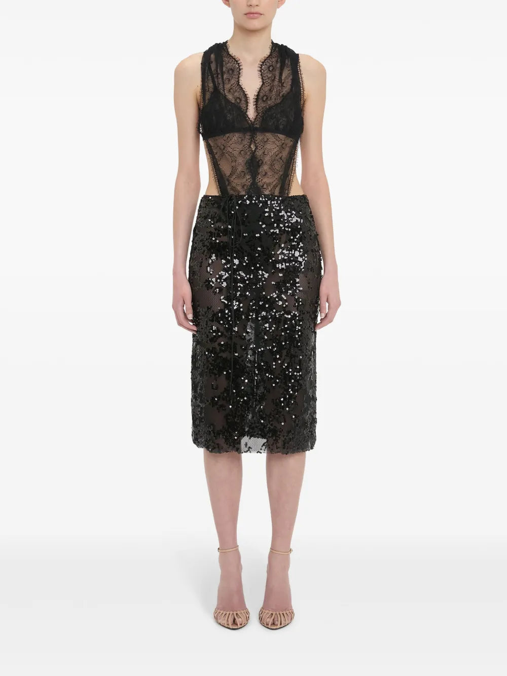 Sequin-Embellished Pencil Midi Skirt