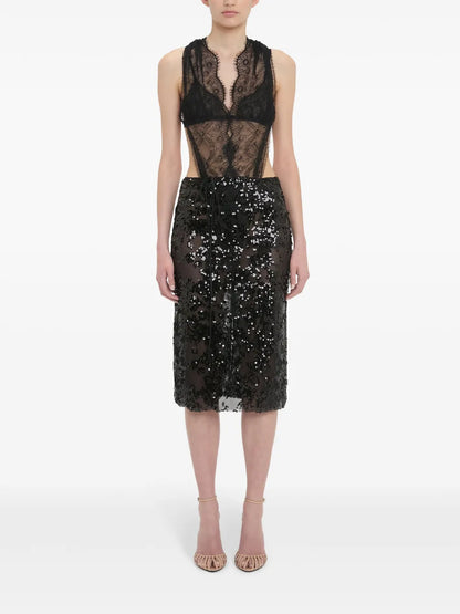 Sequin-Embellished Pencil Midi Skirt