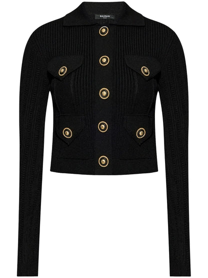 Openwork-Detailed Ribbed-Knit Cardigan