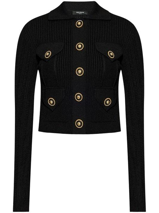 Openwork-Detailed Ribbed-Knit Cardigan