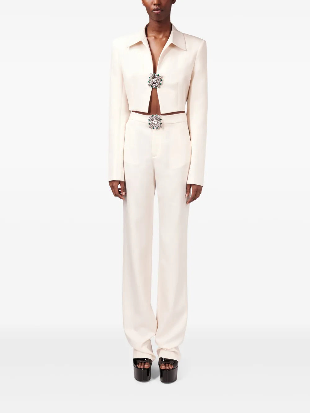 Crystal-Brooch Cropped Jacket