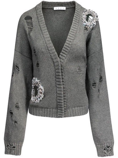 Crystal-Embellished Distressed Cardigan