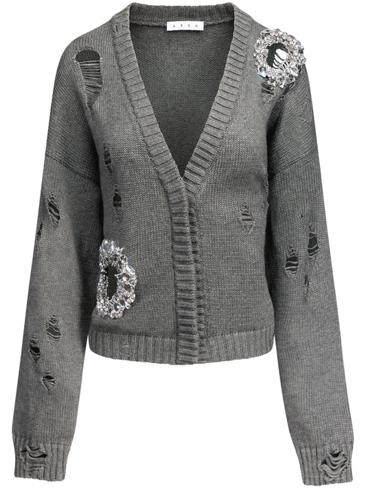 Crystal-Embellished Distressed Cardigan