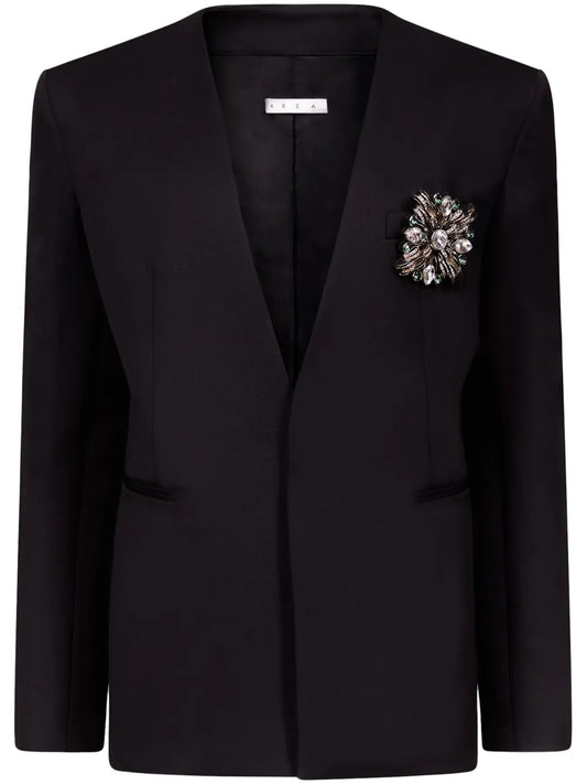 Crystal-Brooch Collarless Blazer